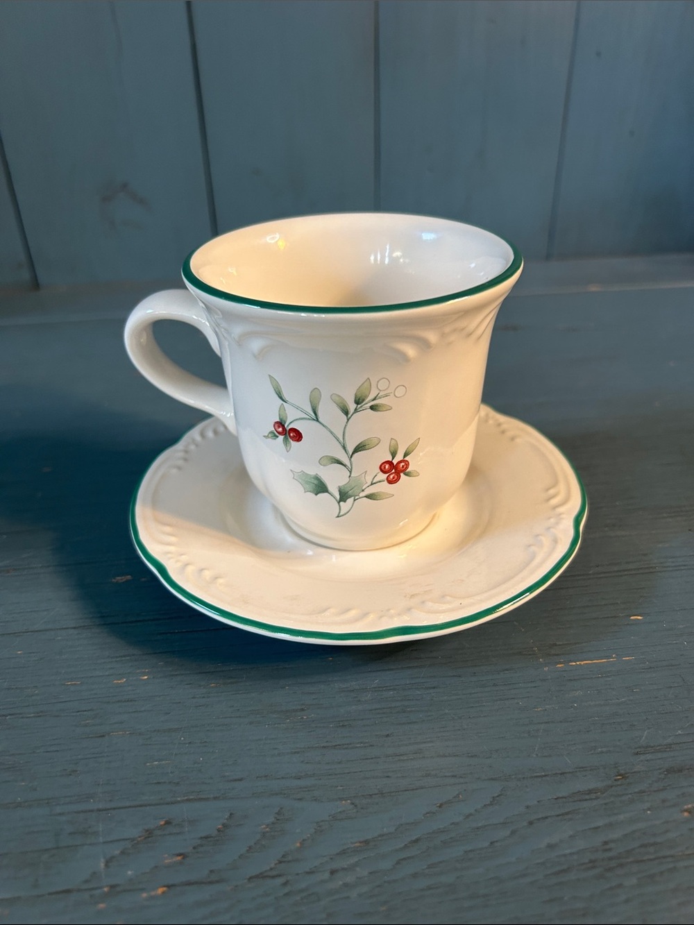 Pfaltzgraff White Mug and Saucer with Green Trim and Red Berry Motif